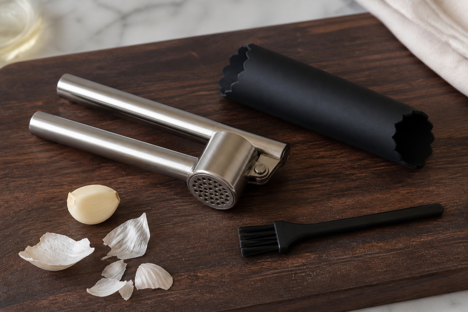 Garlic press and peeler set