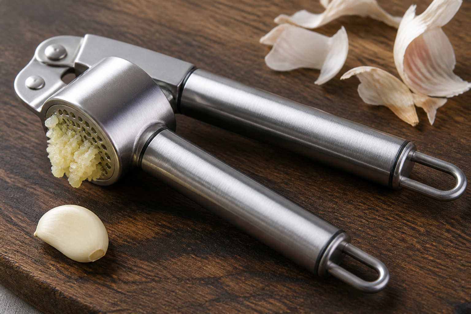 A stainless garlic press